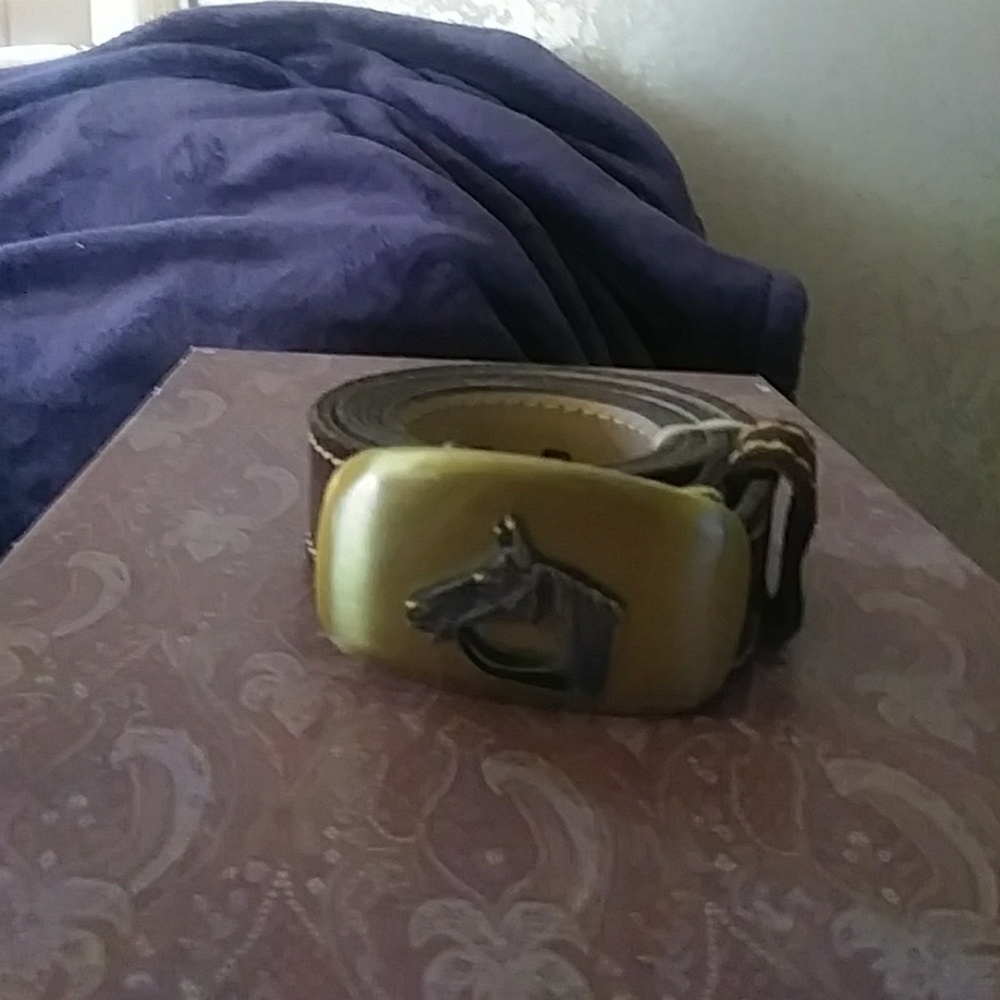 Brass Horse Head buckle with brown leather belt